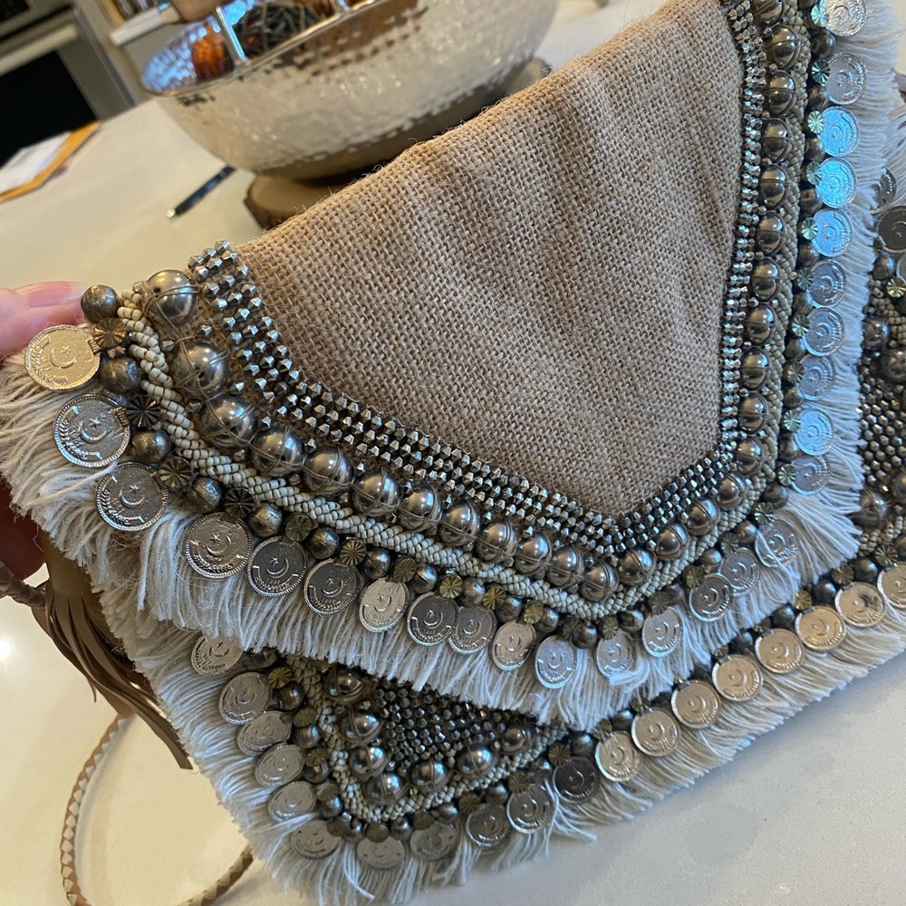Beige and Silver Embellished Women Bag